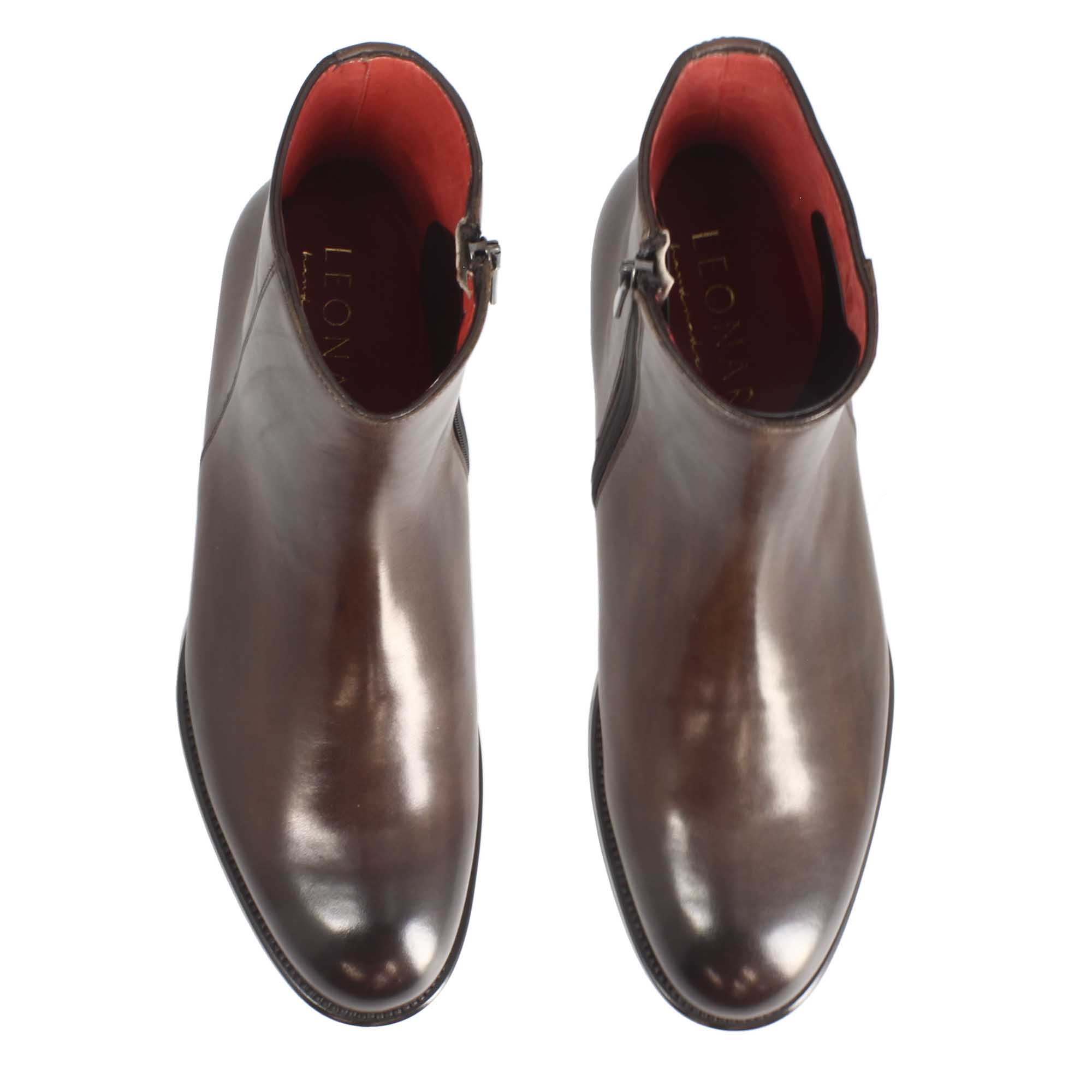Leonardo Shoes Stivaletti Uomo Pelle Marrone Scuro Cerniera