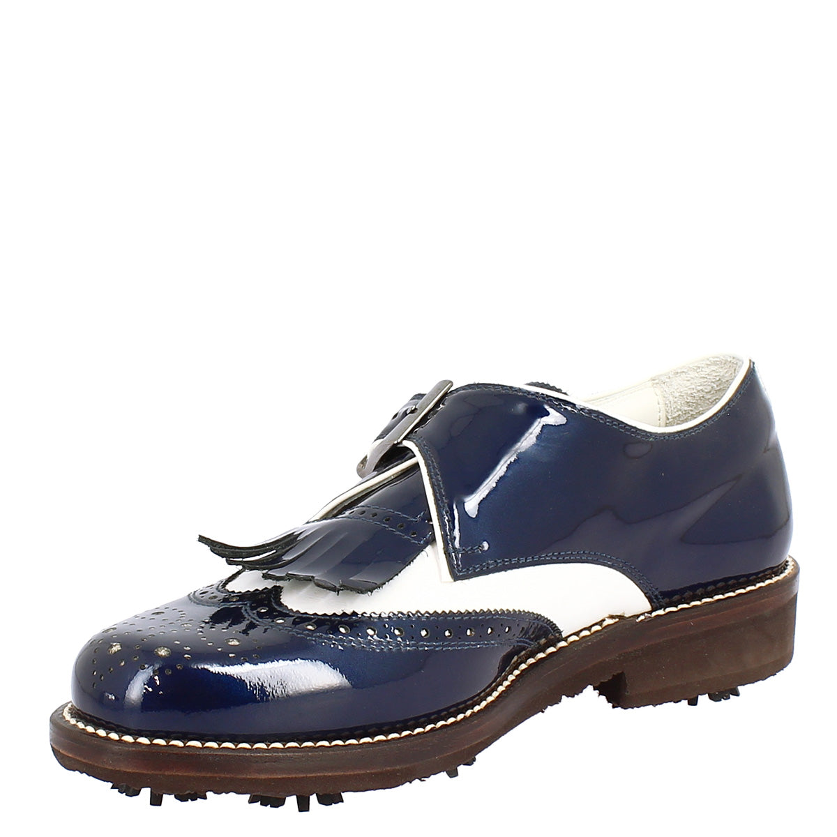 Leonardo Shoes Golf fibbia pelle bianco blu Softspike donna uomo