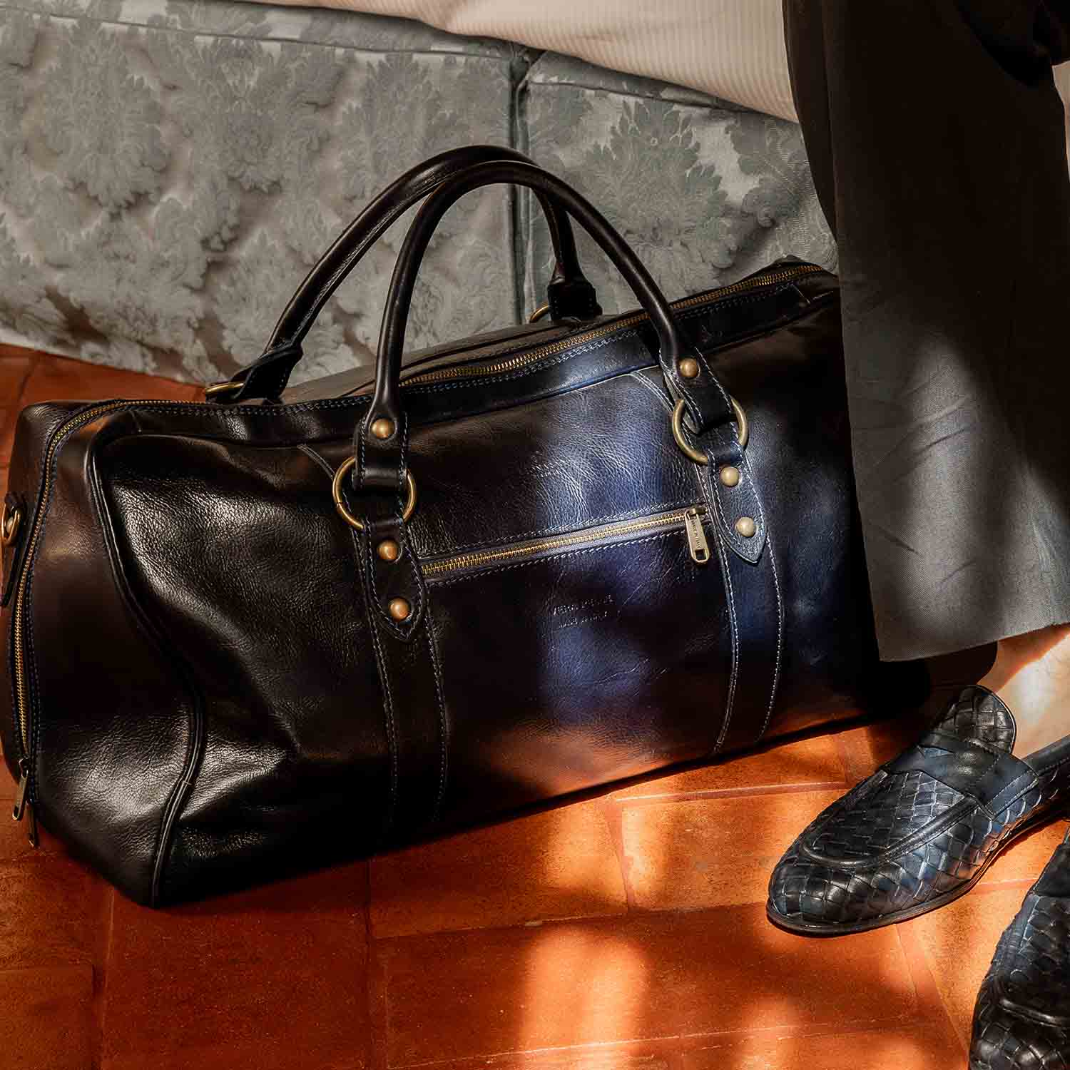 Leonardo Shoes Marco borsone viaggio uomo blu pelle tracolla