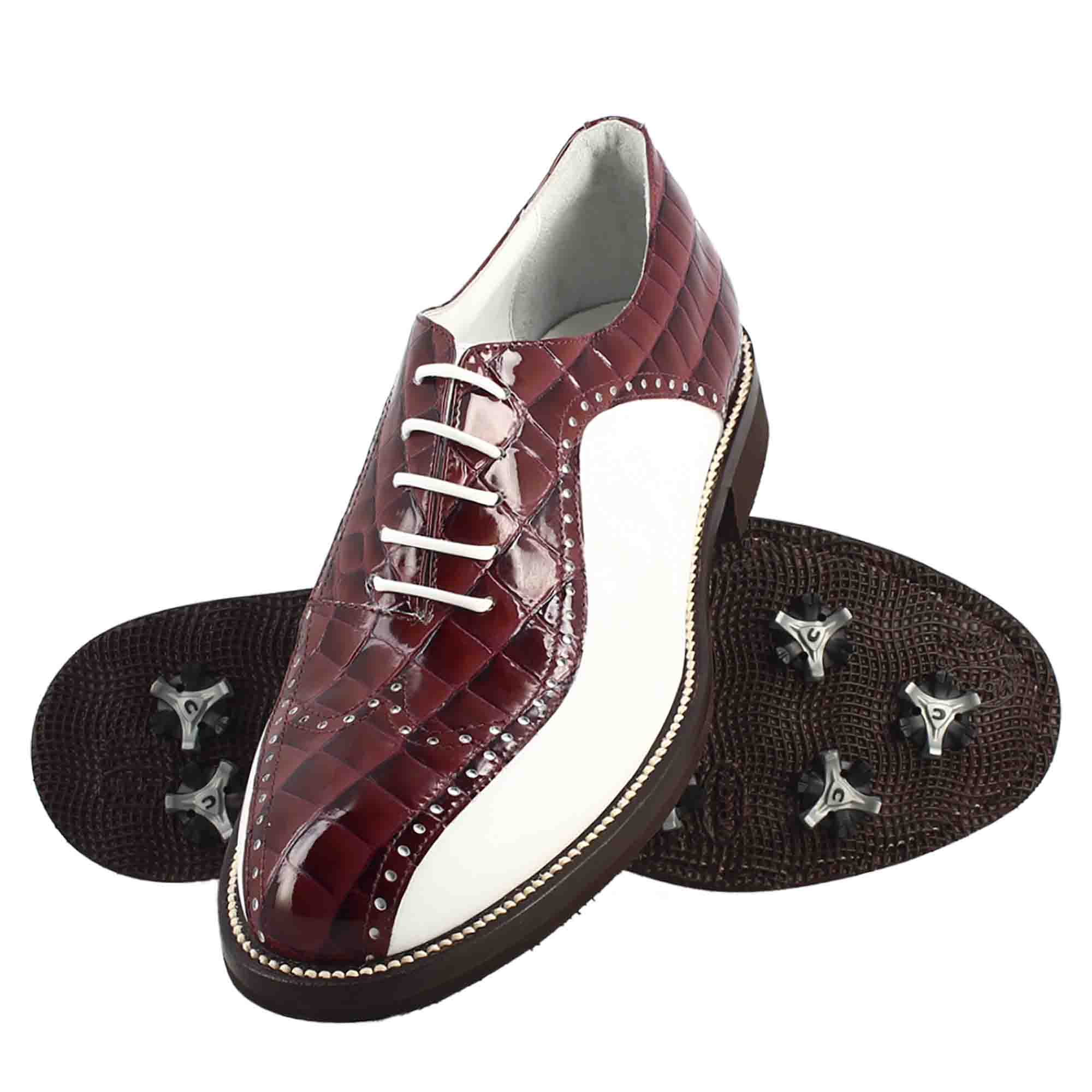 Leonardo Golf Scarpe da Golf Pelle Bianco Bordeaux Cocco