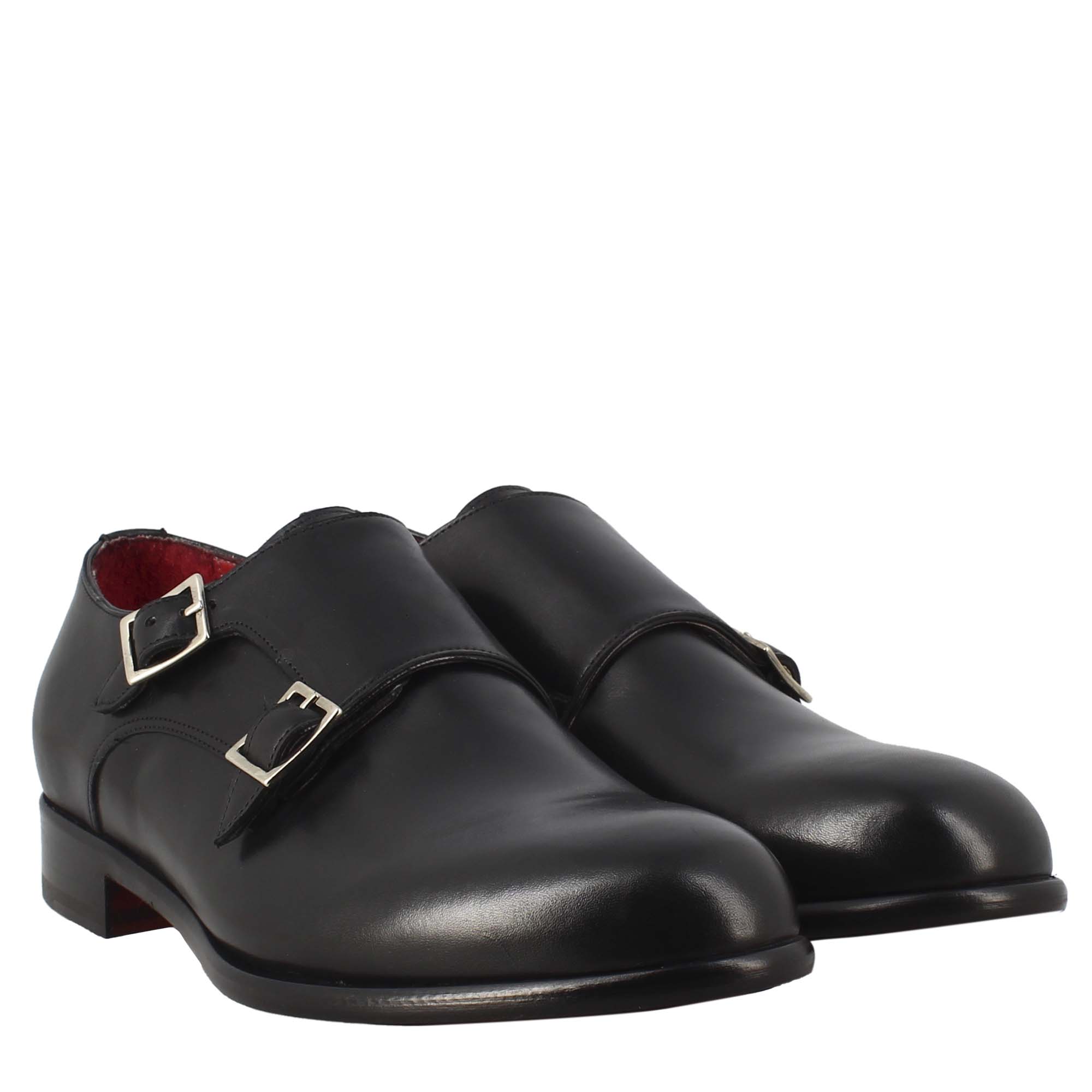 Leonardo Shoes Doppia Fibbia Francesina Uomo Nera Pelle