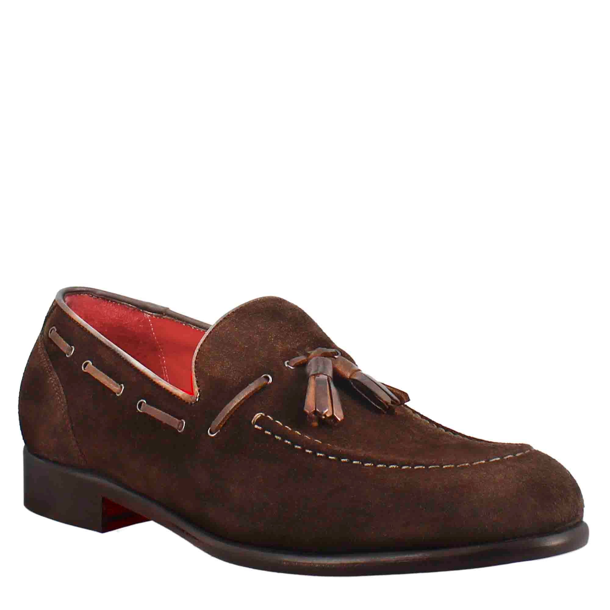 Leonardo Shoes mocassini uomo nappine camoscio marrone scuro