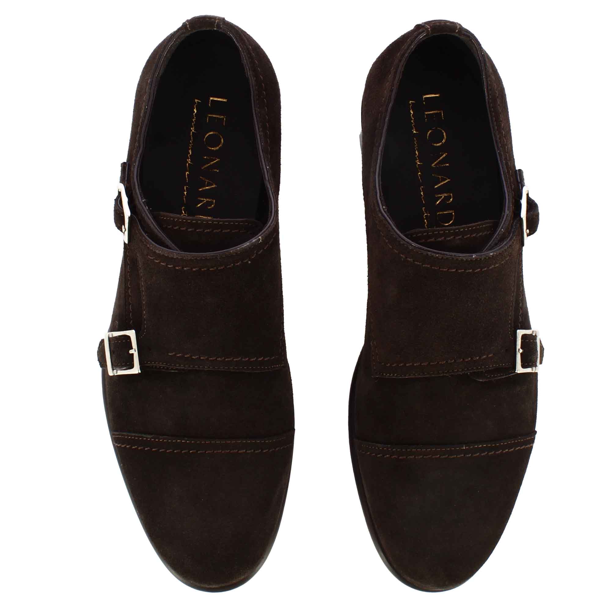 Leonardo Shoes Francesine Uomo Doppia Fibbia Marrone Scuro Camoscio