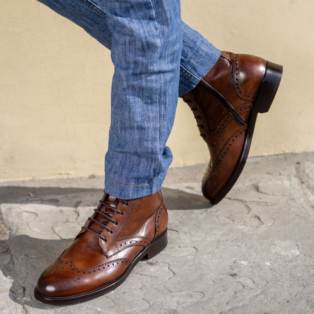 Leonardo Shoes Stivaletti Uomo Anfibio Brogue Pelle Marrone