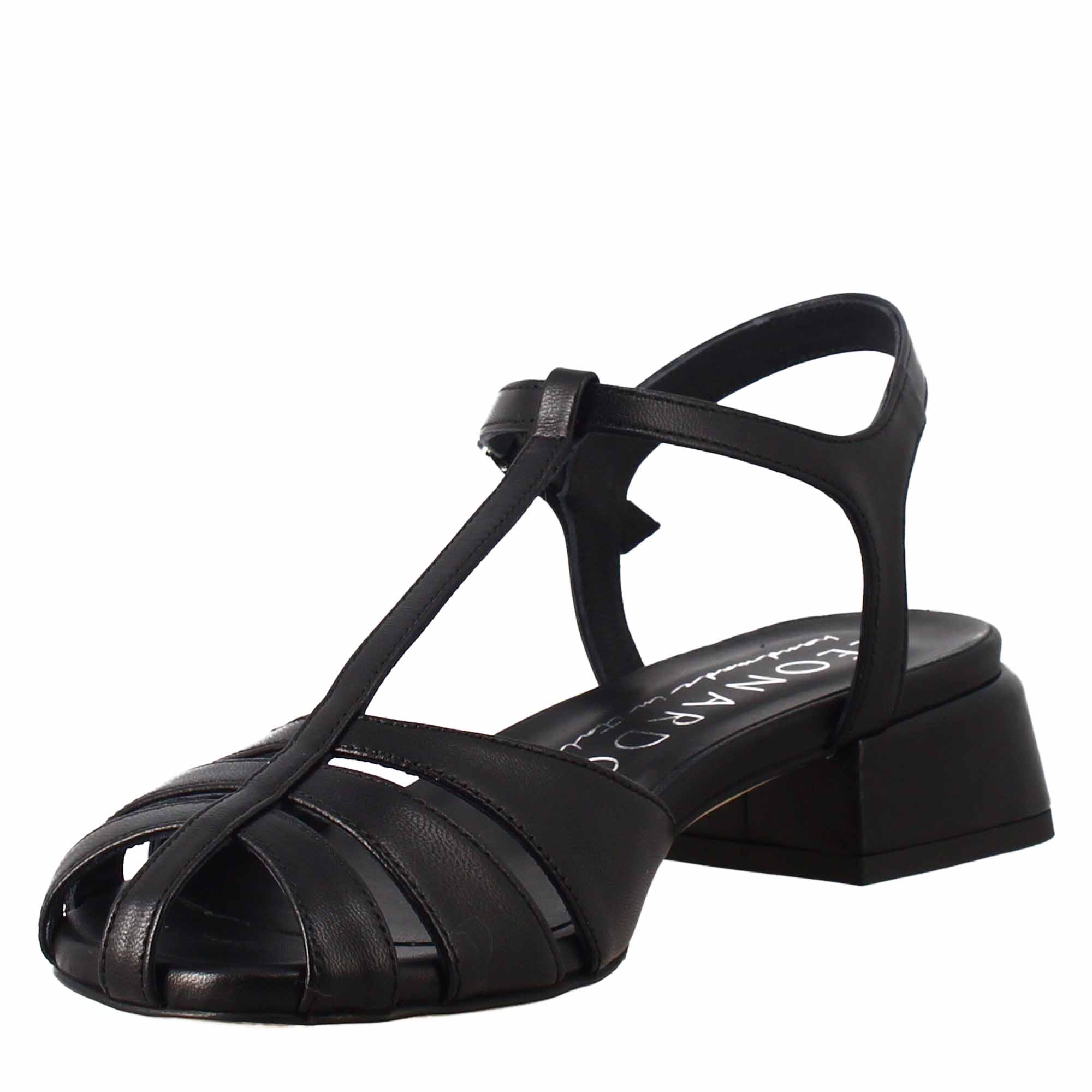 Leonardo Shoes Sandali Donna Nero Gabbia Pelle Tacco 4 cm