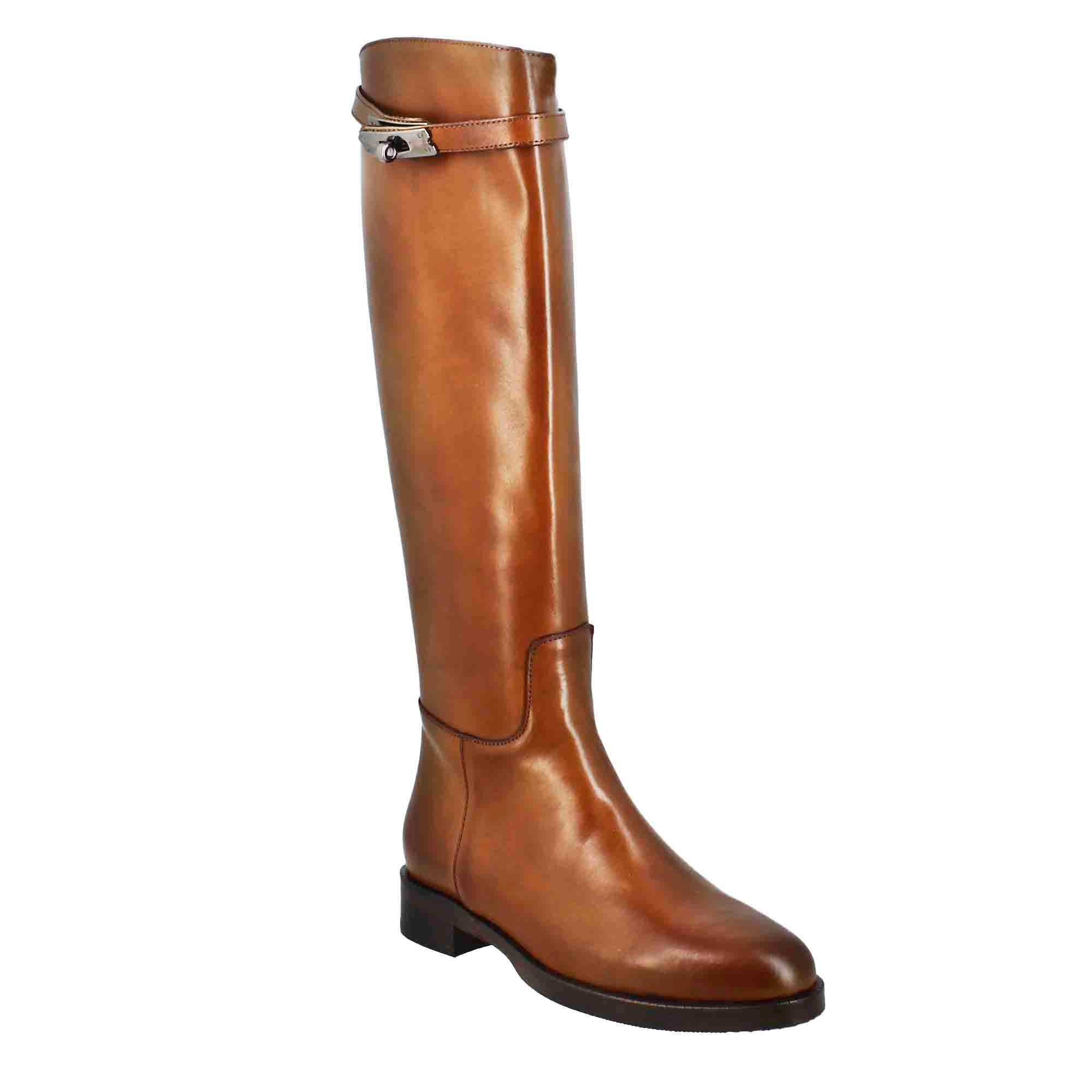 Leonardo Shoes Stivali donna ginocchio pelle marrone tacco basso
