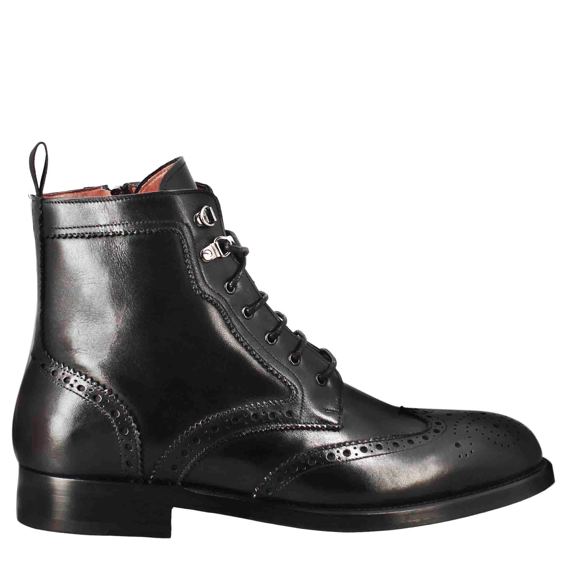 Leonardo Shoes Stivaletti Uomo Anfibio Brogue Pelle Nero