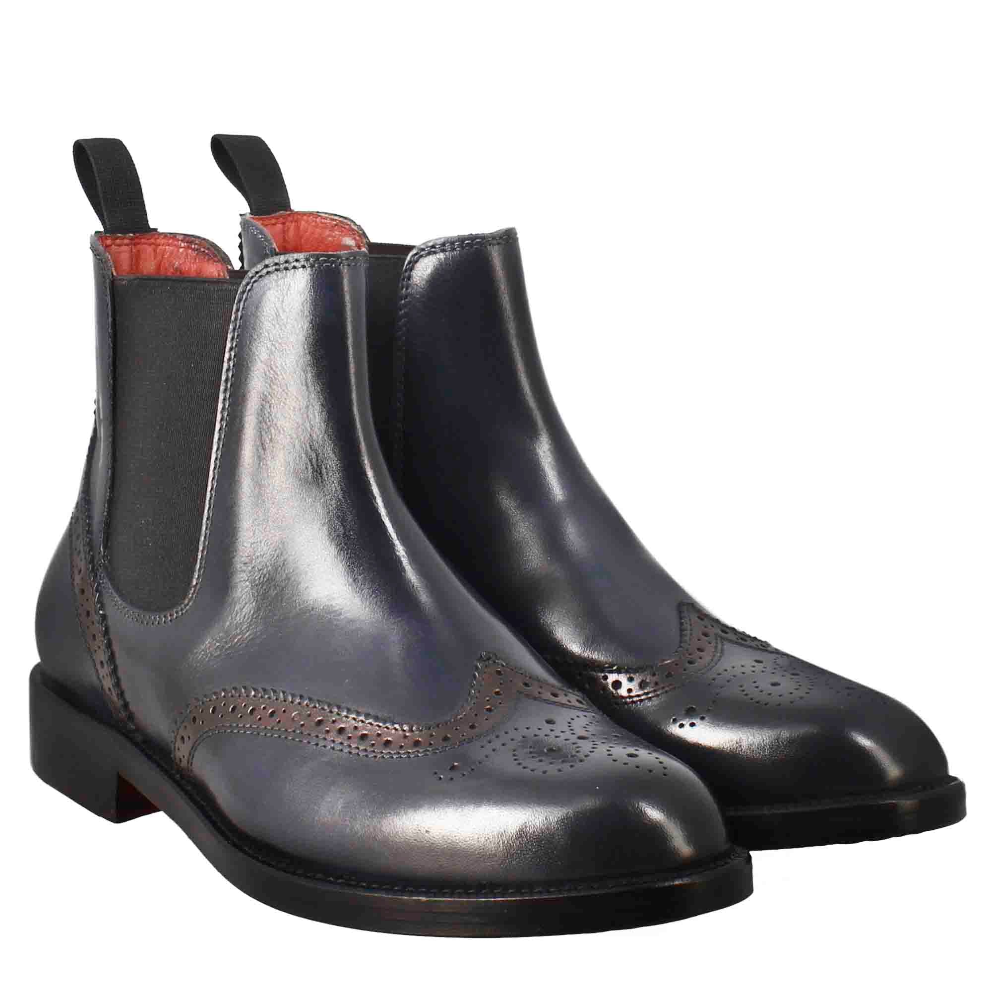 Leonardo Shoes Chelsea stivaletti donna pelle blu brogue
