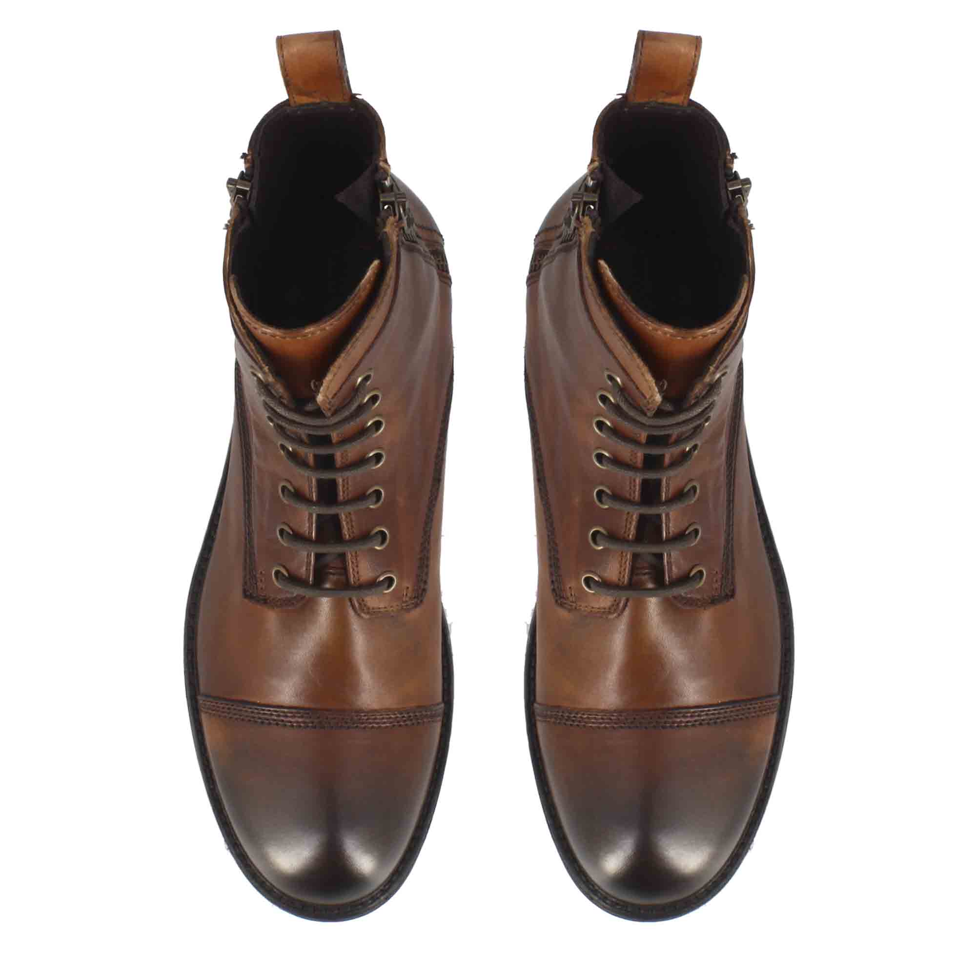 Leonardo Shoes Stivaletti Uomo anfibio marrone zip lacci